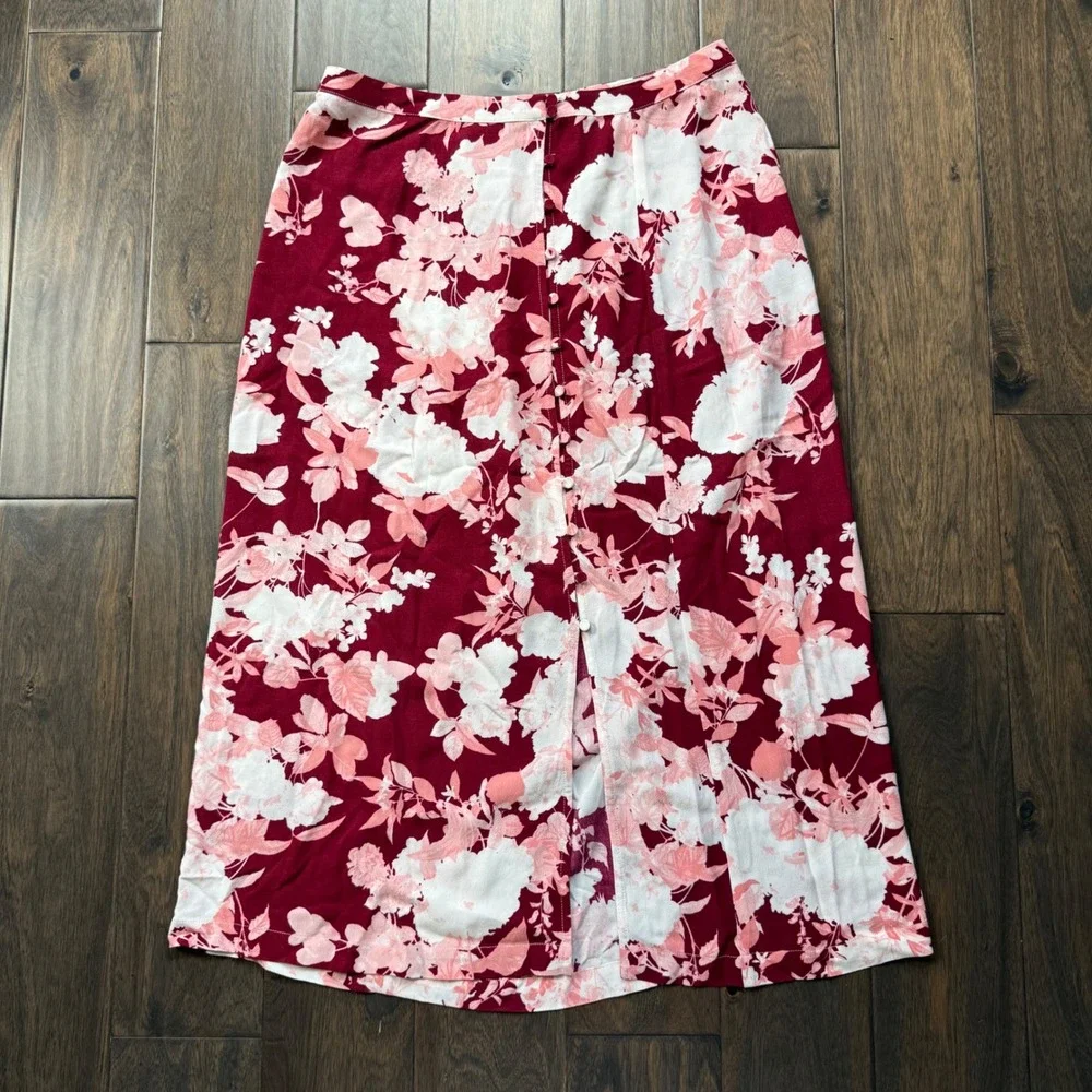 Chelsea28 Floral Midi Skirt Women Medium‎ Burgundy Excellent Button Front Slit